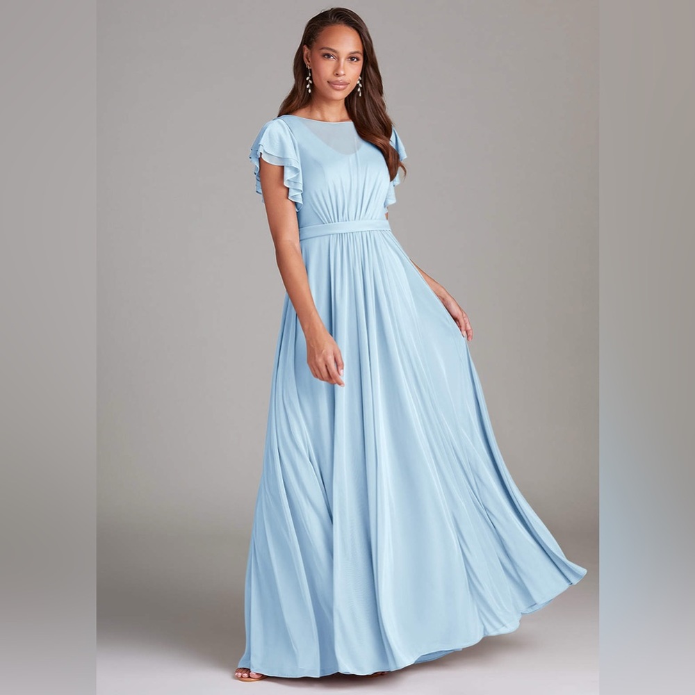 Azazie Daphne A-line Ruched Mesh Floor-Length Dress - Sky Blue‎ Size 8 NWT